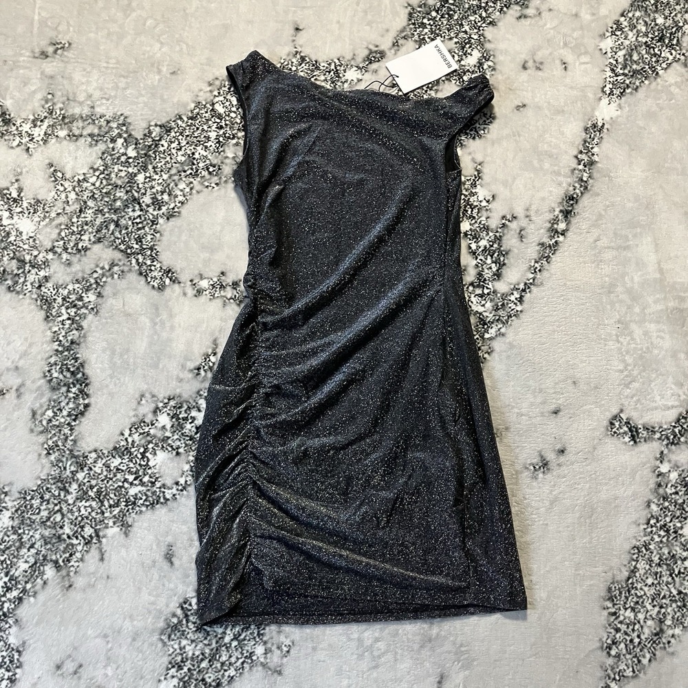 Berkshka Dress Womens Size Medium Black Silver Shimmer Mini Off The Shoulder